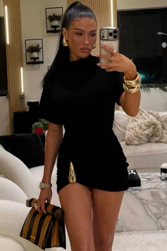 Women Short-Sleeve Ruched Bodycon Summer Wedding-Guest Mini Dress – Modern Everyday Look – Black – XL