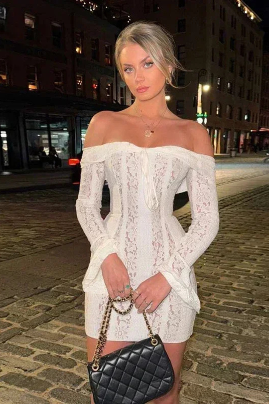 Women Off Shoulder Lace Long-Sleeve Wedding-Guest Mini Dress – Modern Everyday Look – White – S