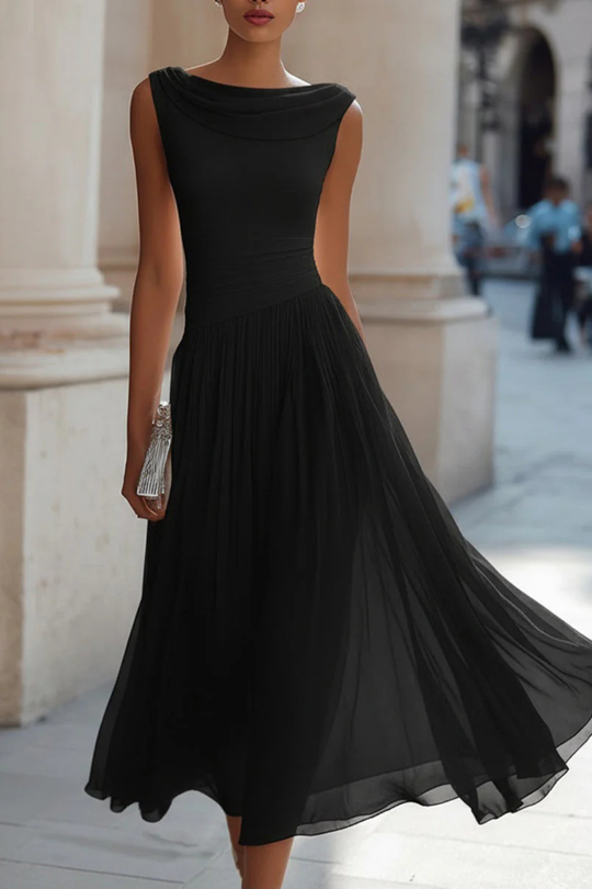 Women Draped Pleated Wedding-Guest Midi Dress – Modern Everyday Look – Black – S