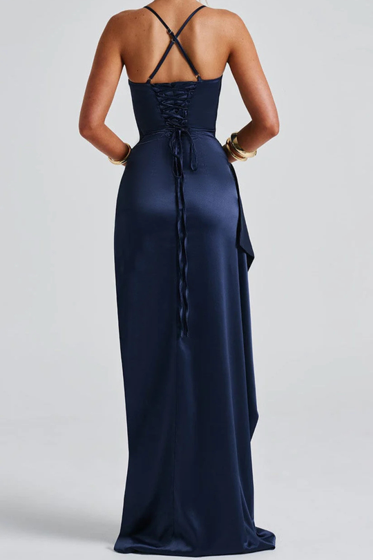 Women Spaghetti Strap Ruched Maxi High Slit Wedding-Guest Dress – Modern Everyday Look – Navy Blue – XL