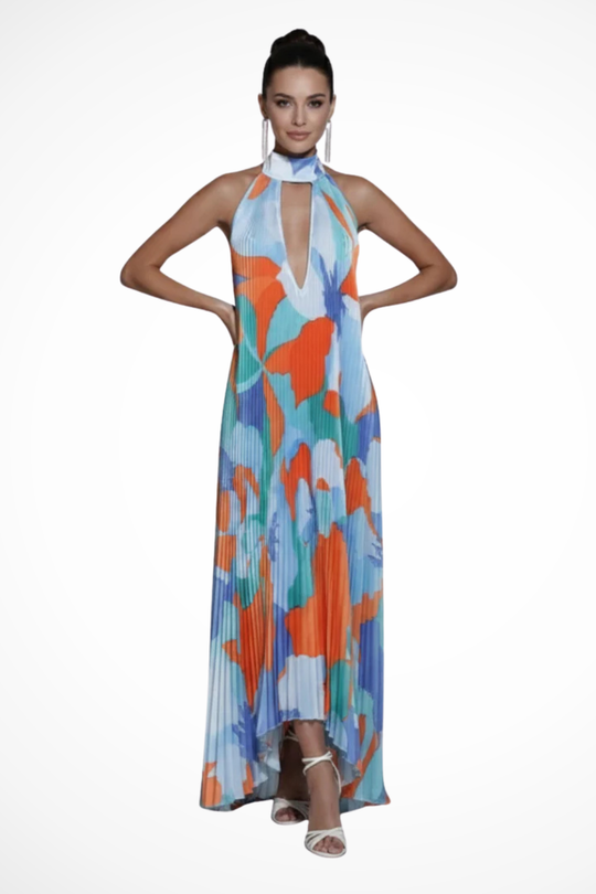 Women Printed Pleated Halter Neck Wedding-Guest Maxi Dress – Modern Everyday Look – Green – S