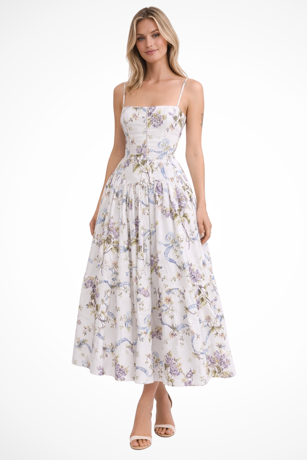 Women Tiered Summer Wedding-Guest Floral Midi Dress – Modern Everyday Look – Lilac Flower – M