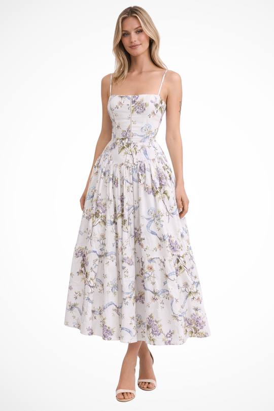 Women Tiered Summer Wedding-Guest Floral Midi Dress – Modern Everyday Look – Lilac Flower – M