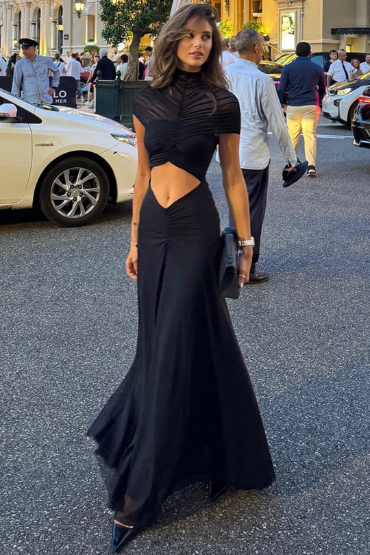 Women Short-Sleeve Cut Out High Neck Ruched Wedding-Guest Maxi Dress – Modern Everyday Look – Black – L
