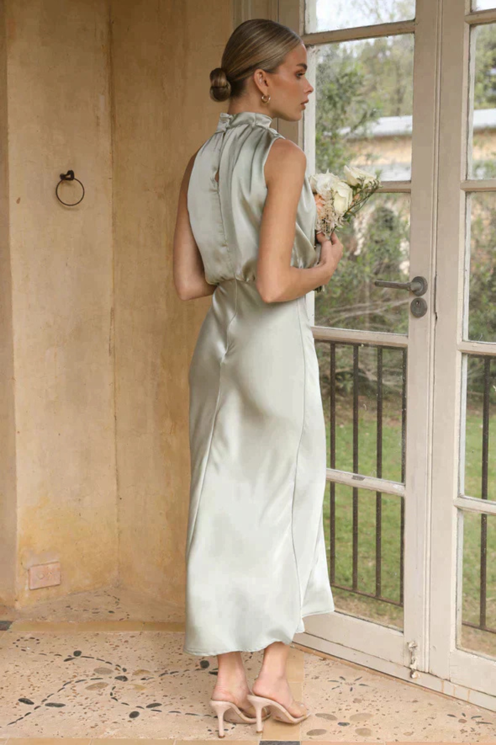 Women Halter Neck Midi Dress Satin Wedding-Guest Dress – Modern Everyday Look – Champagne – 2XL
