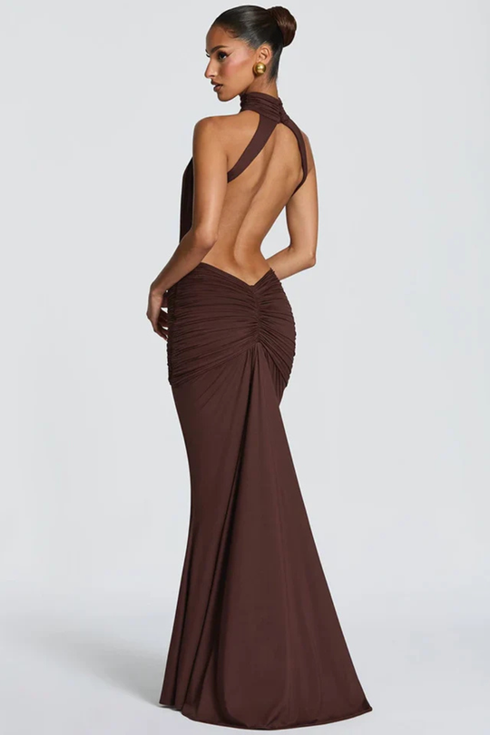 Women High Neck Backless Ruched Wedding-Guest Maxi Dress – Modern Everyday Look – Coffee – M