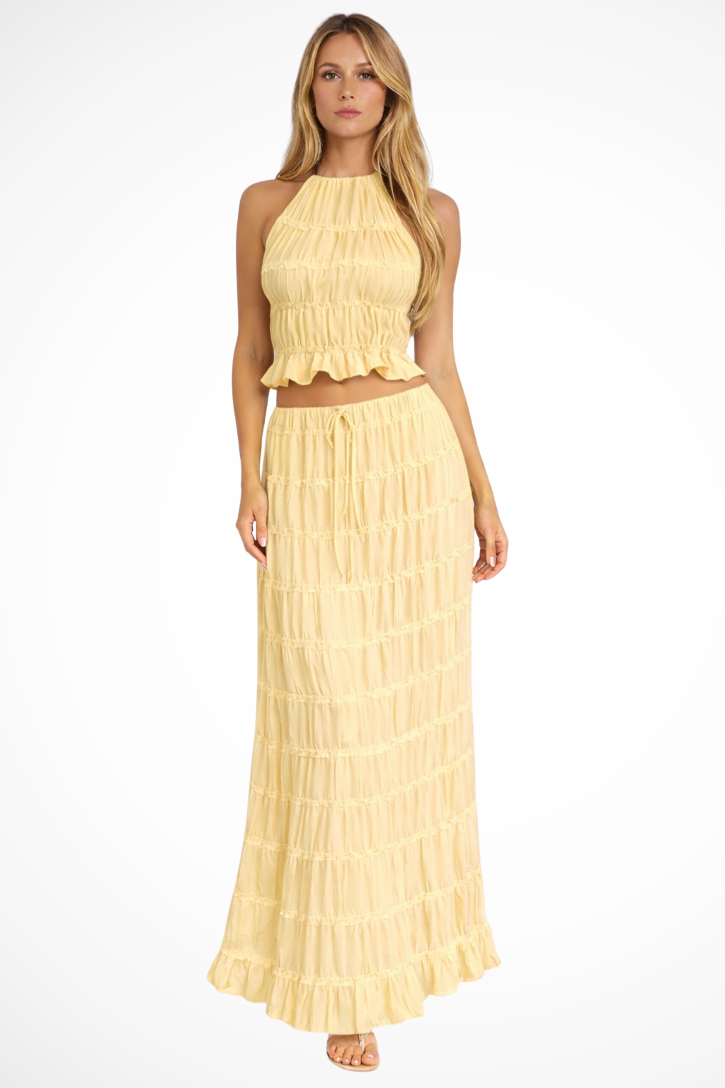 Women Ruched Halter Top and Maxi Skirt 2 Piece Set – Modern Everyday Look – Pink – XS