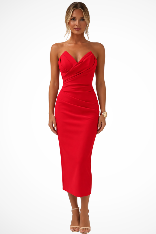 Women Strapless Sweetheart Neckline Ruched Midi Dress – Modern Everyday Look – Blue – S