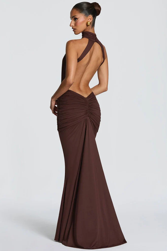 Women Halter Neck Backless Ruched Bodycon Weddign Guest Maxi Dress – Modern Everyday Look – Red – L