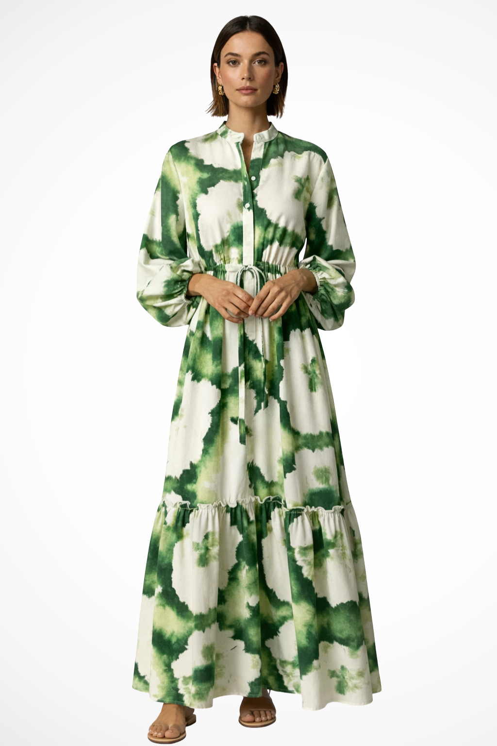 Women Long-Sleeve V-Neck Printed Tiered Maxi Dress – Modern Everyday Look – Green – XS