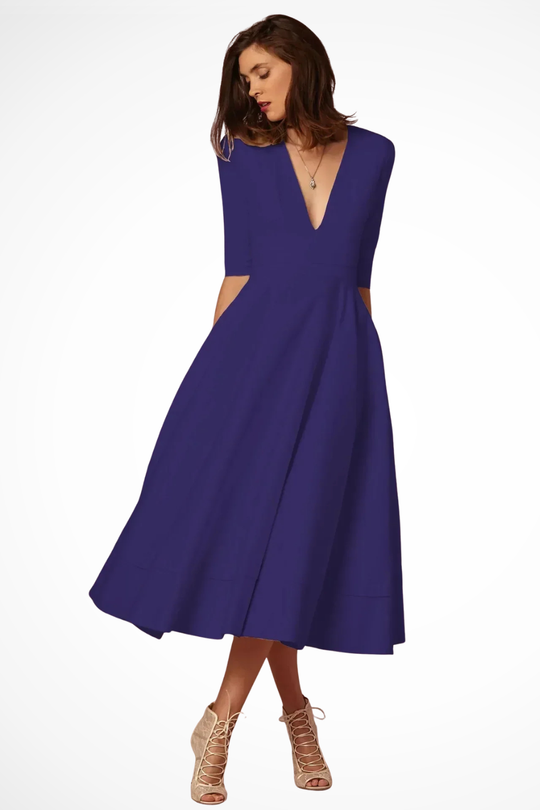 Women Deep V-Neck Half Sleeve Fitted Flared Midi Dress – Modern Everyday Look – Navy Blue – XS