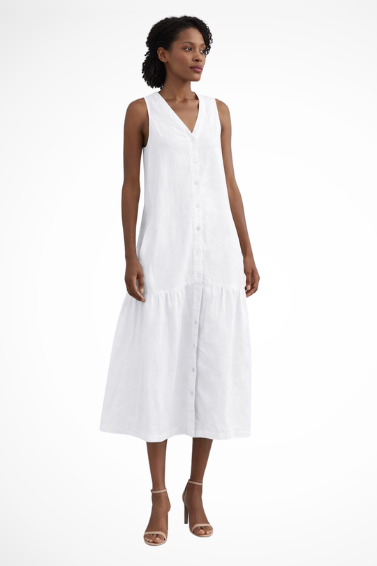 Women V-Neck Sleeveless Button Front Linen Maxi Dress – Easy Everyday Style – White – XS