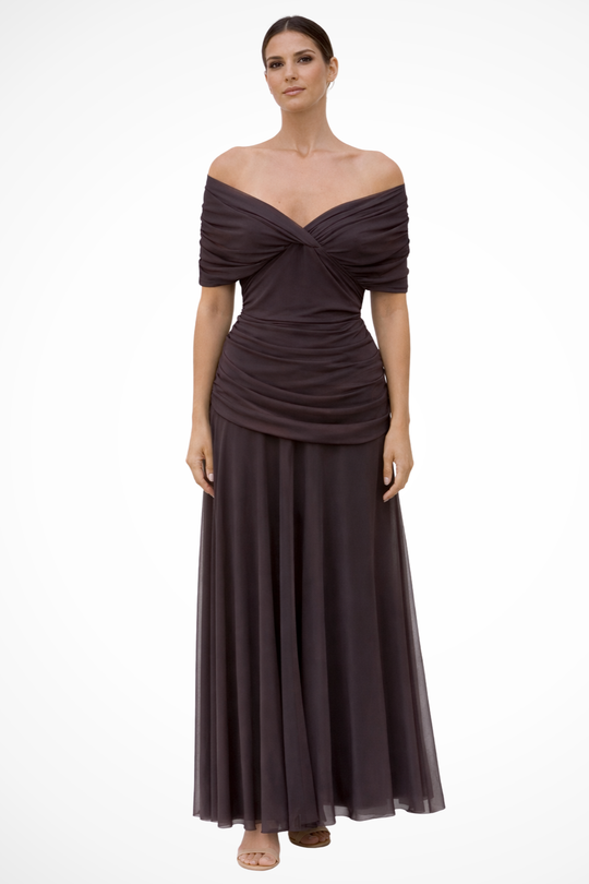 Women Elegant Off-shoulder Pleated Summer Dress – Refined Occasion Style – Brown – XS
