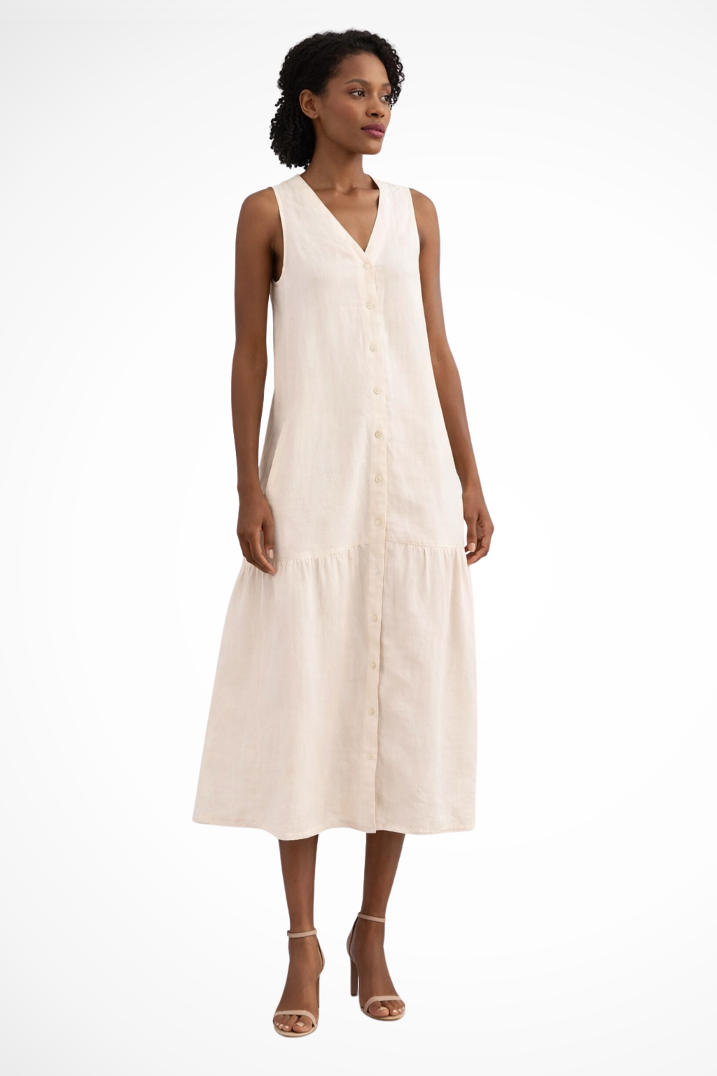 Women V-Neck Sleeveless Button Front Linen Maxi Dress – Easy Everyday Style – White – M