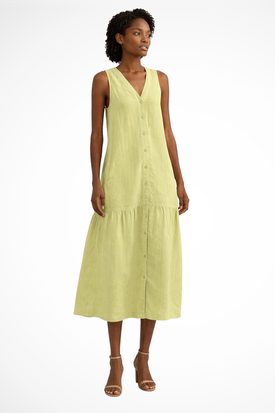 Women V-Neck Sleeveless Button Front Linen Maxi Dress – Easy Everyday Style – White – L