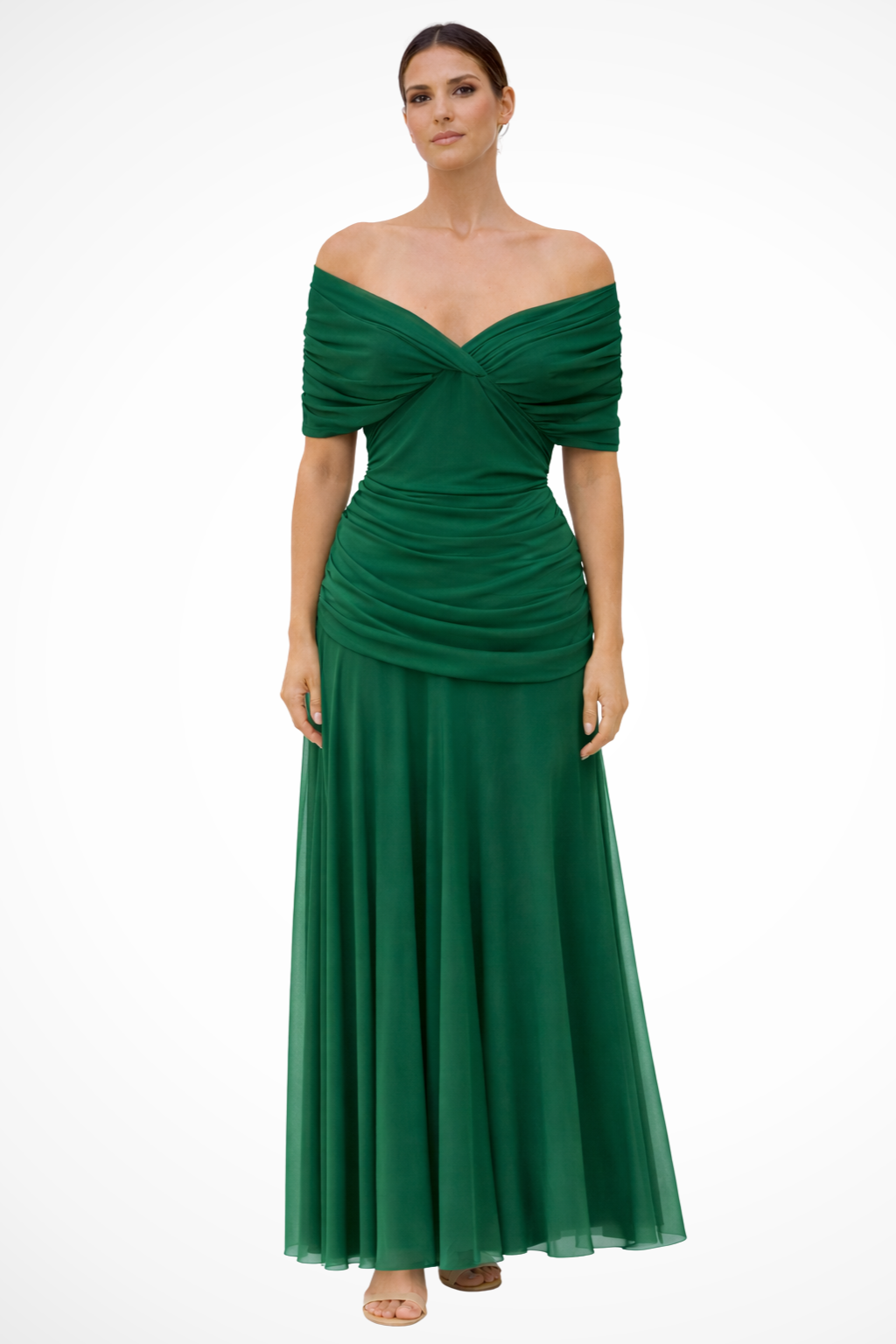 Women Elegant Off-shoulder Pleated Summer Dress – Refined Occasion Style – Brown – M