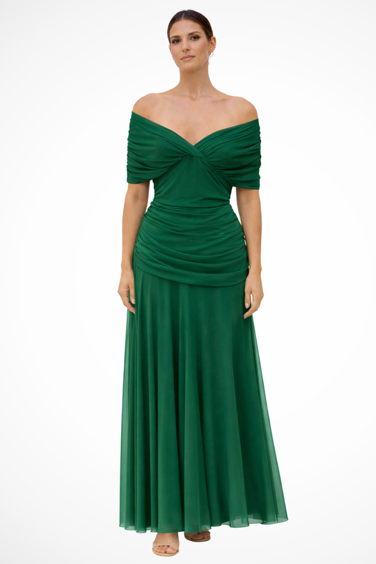 Women Elegant Off-shoulder Pleated Summer Dress – Refined Occasion Style – Brown – M