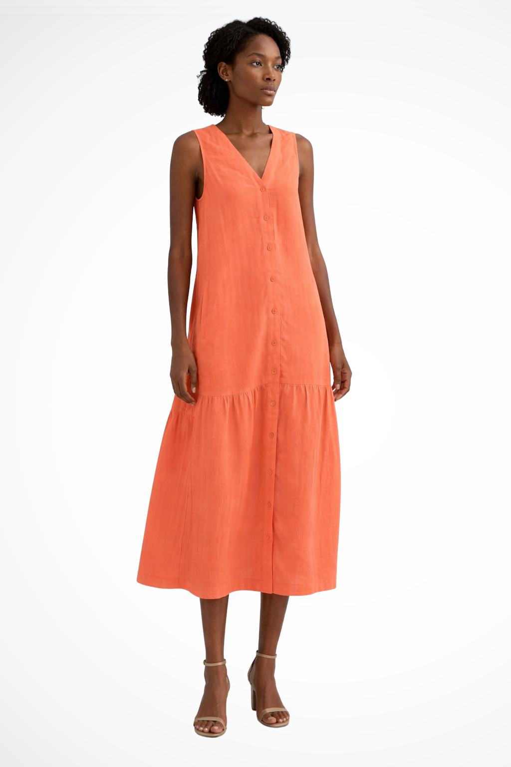 Women V-Neck Sleeveless Button Front Linen Maxi Dress – Easy Everyday Style – White – XL