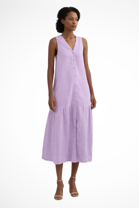 Women V-Neck Sleeveless Button Front Linen Maxi Dress – Easy Everyday Style – White – 2XL
