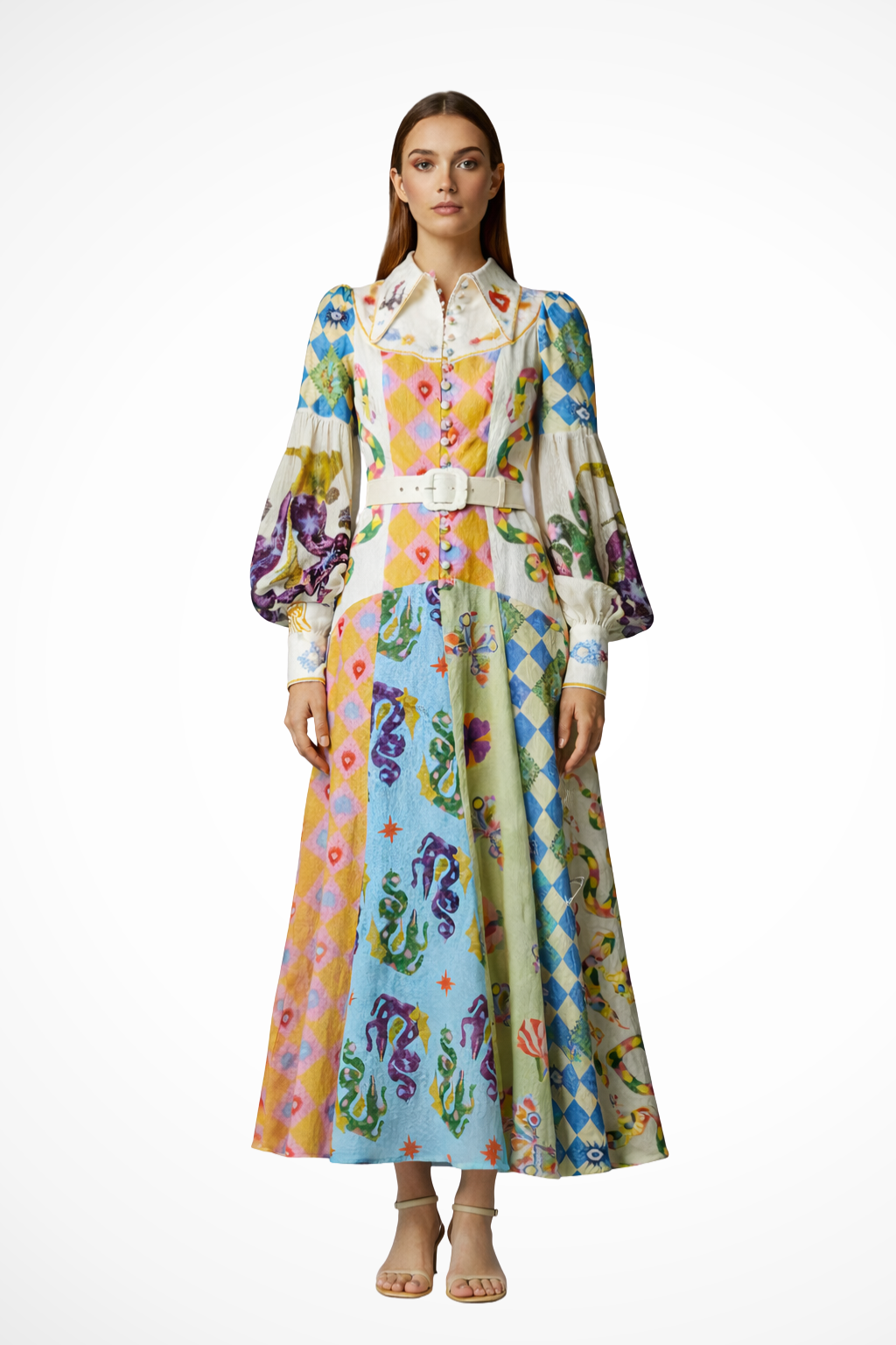 Women Long-Sleeve V-Neck Printed Tiered Maxi Dress – Modern Everyday Look – Light Green – XS