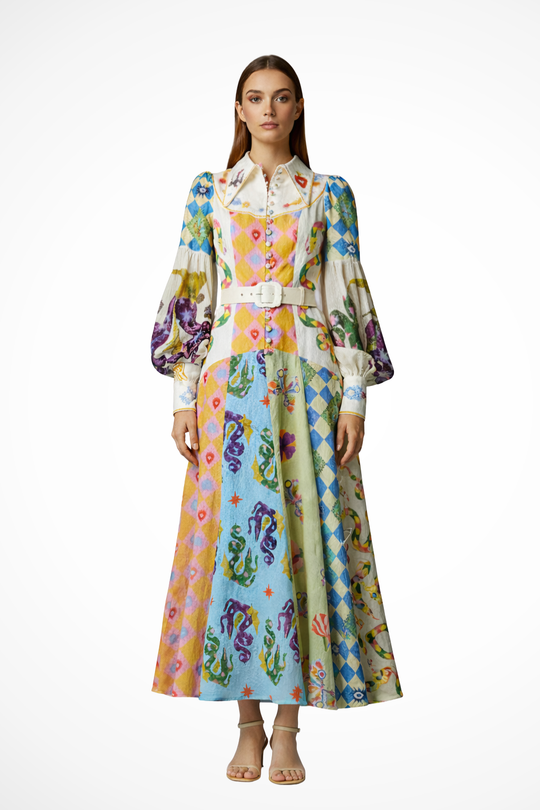 Women Long-Sleeve V-Neck Printed Tiered Maxi Dress – Modern Everyday Look – Light Green – XS