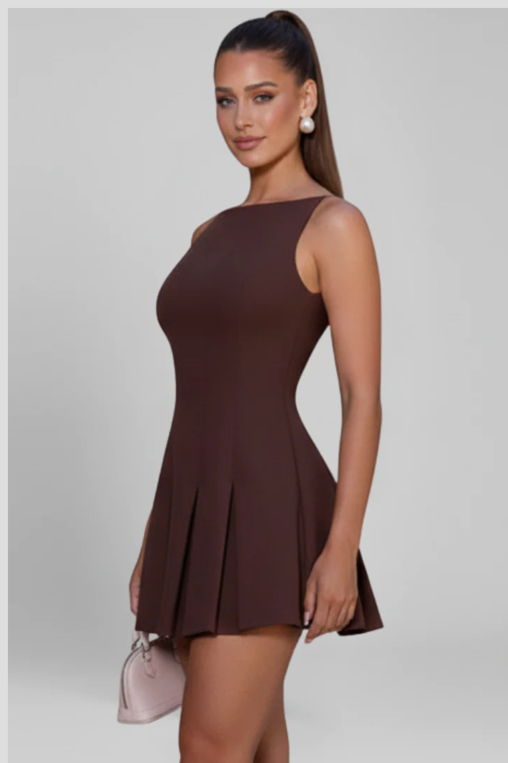 Women Sleeveless Pleated Skirt Mini Wedding-Guest Dress – Modern Everyday Look – Brown – M