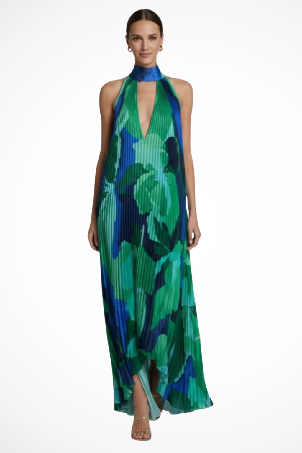 Women Printed Pleated Halter Neck Wedding-Guest Maxi Dress – Modern Everyday Look – Pink – 2XL