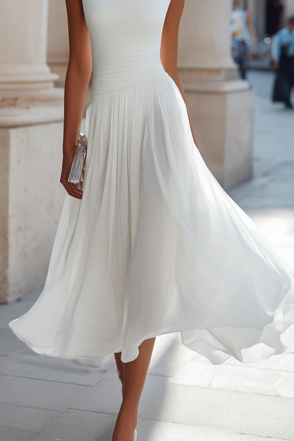 Women Draped Pleated Wedding-Guest Midi Dress – Modern Everyday Look – White – L