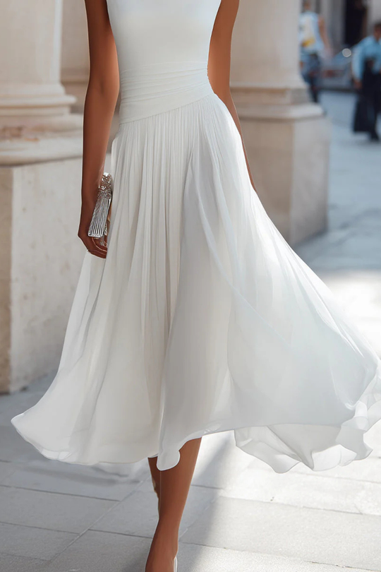 Women Draped Pleated Wedding-Guest Midi Dress – Modern Everyday Look – White – L