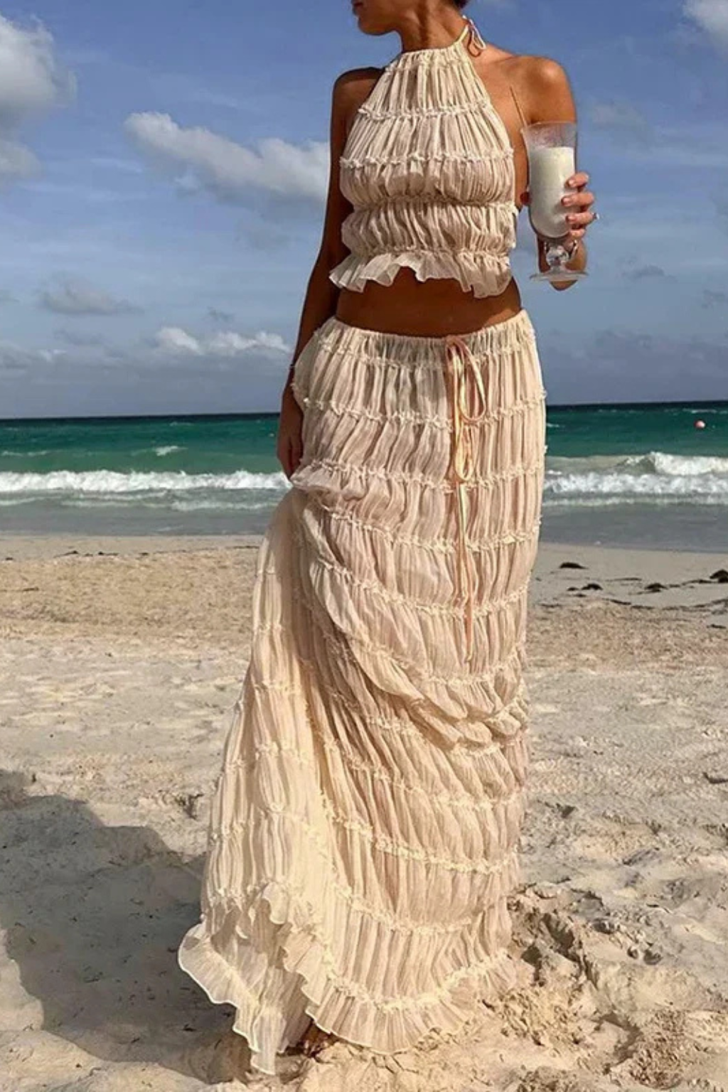 Women Ruched Halter Top and Maxi Skirt 2 Piece Set – Modern Everyday Look – Apricot – S