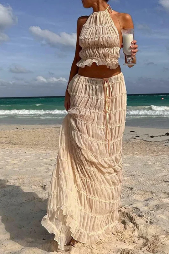 Women Ruched Halter Top and Maxi Skirt 2 Piece Set – Modern Everyday Look – Apricot – S