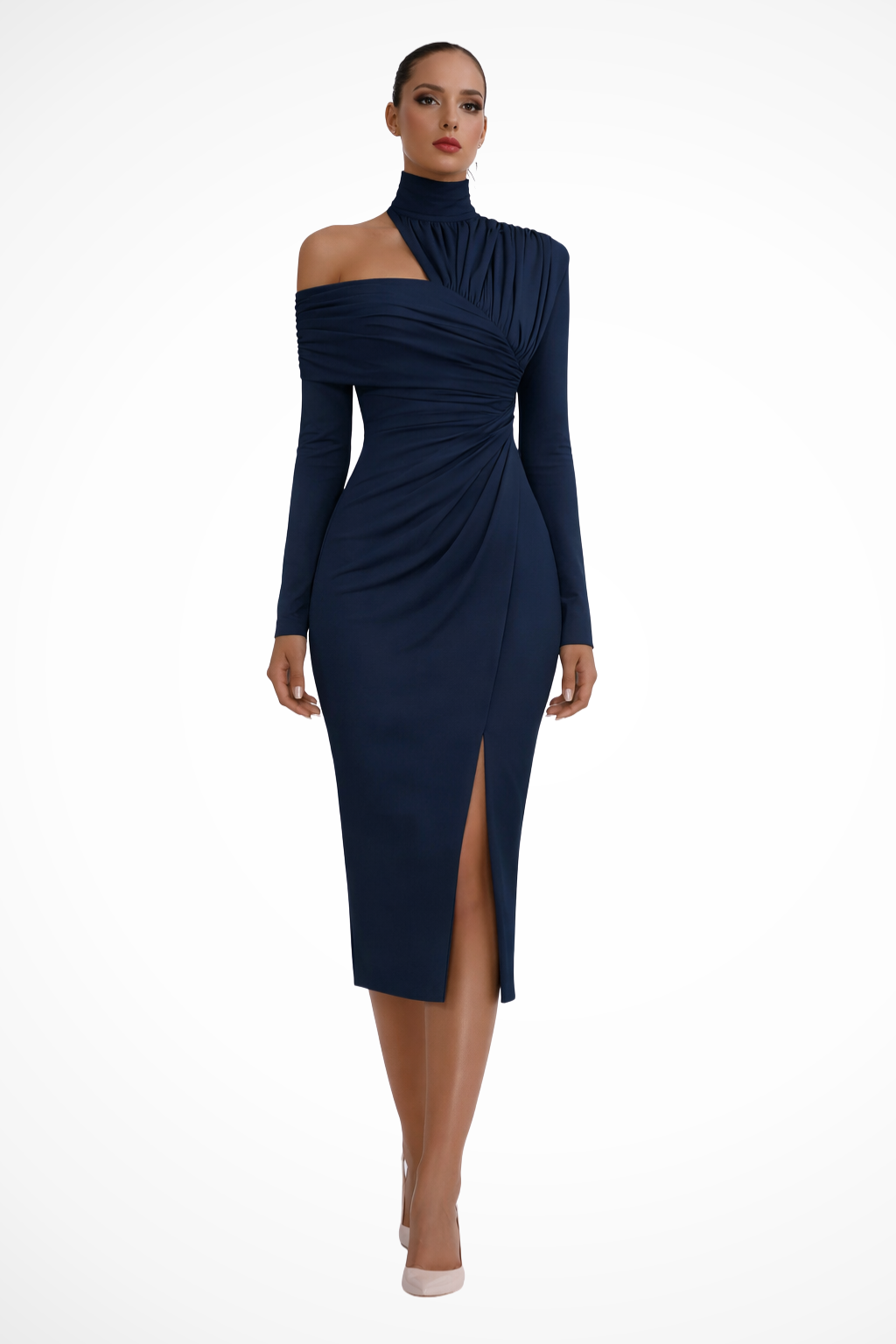 Women Asymmetric One-Shoulder Wedding-Guest Midi Dress – Modern Everyday Look – Black – XL