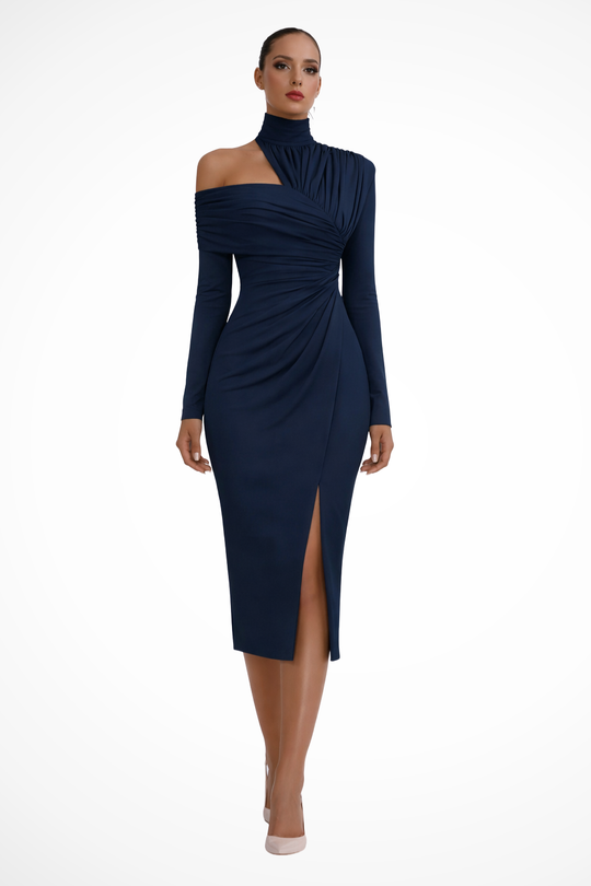 Women Asymmetric One-Shoulder Wedding-Guest Midi Dress – Modern Everyday Look – Black – XL