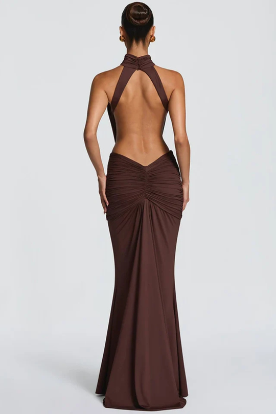 Women High Neck Backless Ruched Wedding-Guest Maxi Dress – Modern Everyday Look – Coffee – L