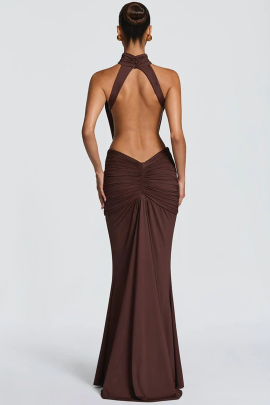 Women Halter Neck Backless Ruched Bodycon Weddign Guest Maxi Dress – Modern Everyday Look – Red – XL