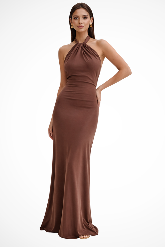 Women Halter Neck Twisted Knot Open Back Bodycon Wedding-Guest Maxi Dress – Modern Everyday Look – Navy Blue – S
