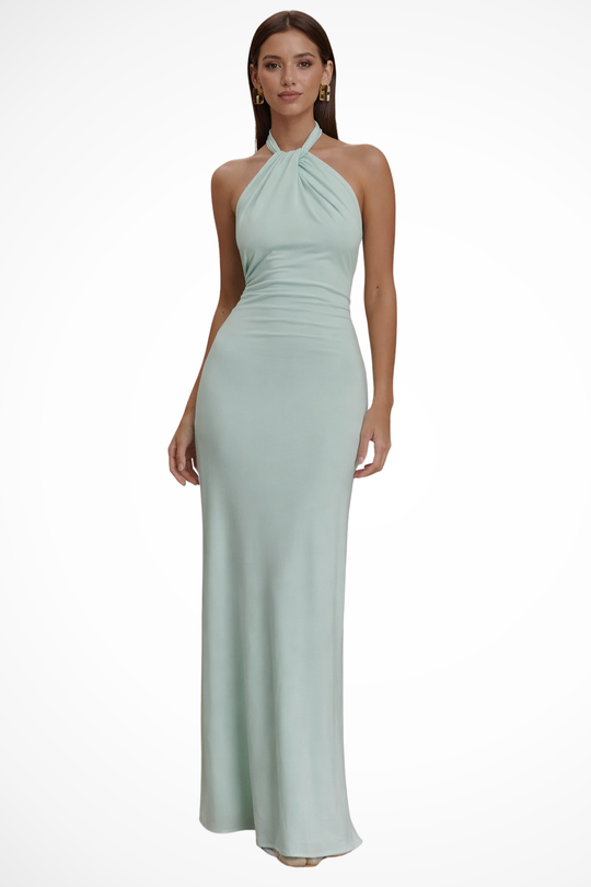 Women Halter Neck Twisted Knot Open Back Bodycon Wedding-Guest Maxi Dress – Modern Everyday Look – Mint Green – XS