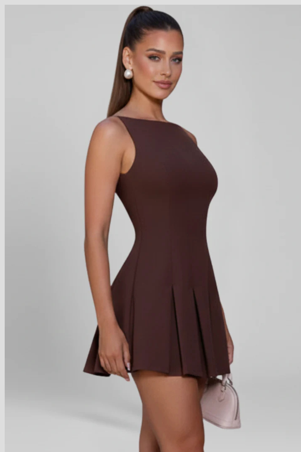 Women Sleeveless Pleated Skirt Mini Wedding-Guest Dress – Modern Everyday Look – Brown – L