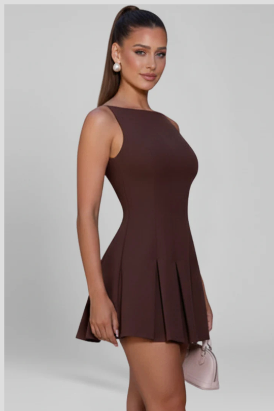 Women Sleeveless Pleated Skirt Mini Wedding-Guest Dress – Modern Everyday Look – Brown – L