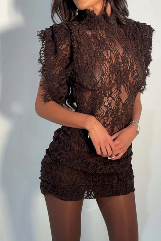 Women High Neck Sleeveless Lace Trim Bodycon Mini Dress – Modern Everyday Look – Apricot – XS