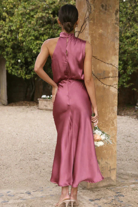 Women Halter Neck Midi Dress Satin Wedding-Guest Dress – Modern Everyday Look – Sage Green – M