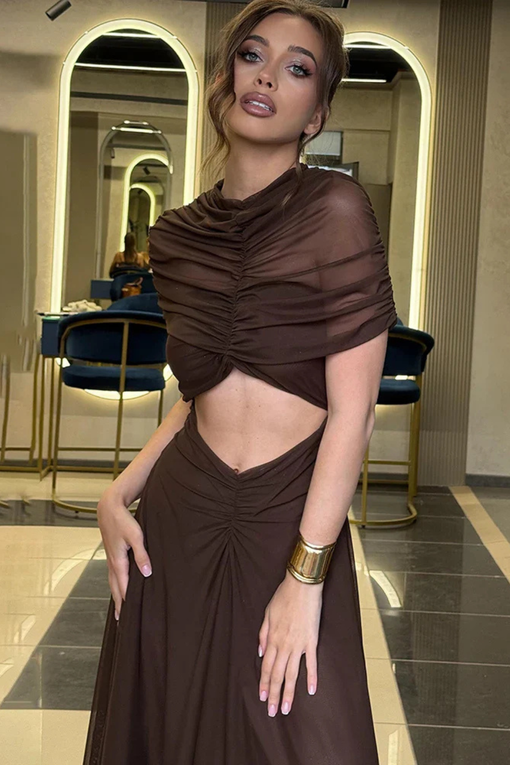 Women Short-Sleeve Cut Out High Neck Ruched Wedding-Guest Maxi Dress – Modern Everyday Look – Coffee – S