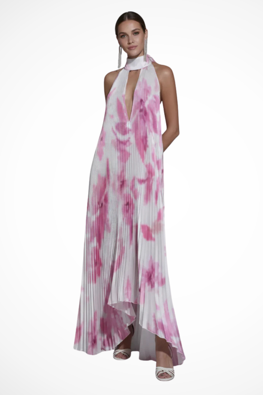 Women Printed Pleated Halter Neck Wedding-Guest Maxi Dress – Modern Everyday Look – Green – XS