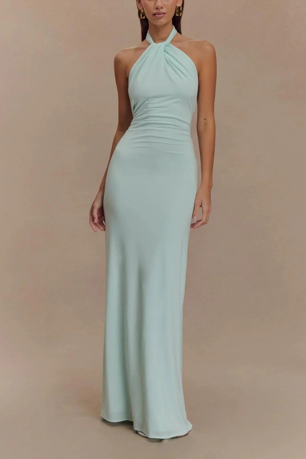 Women Halter Neck Twisted Knot Open Back Bodycon Wedding-Guest Maxi Dress – Modern Everyday Look – Mint Green – S