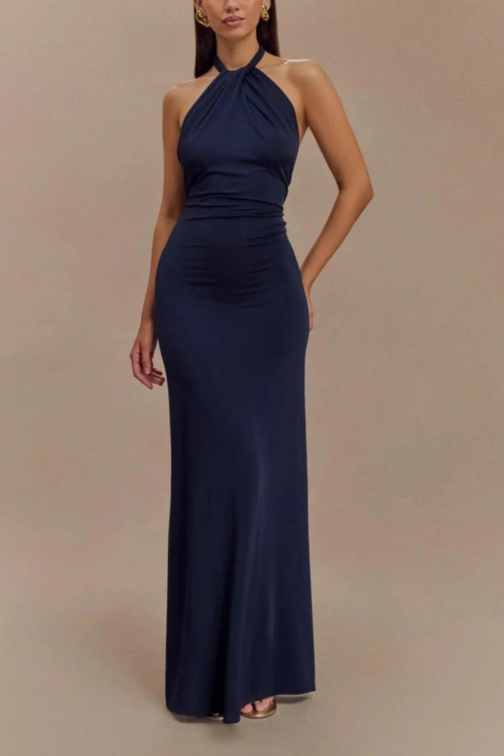 Women Halter Neck Twisted Knot Open Back Bodycon Wedding-Guest Maxi Dress – Modern Everyday Look – Navy Blue – XS