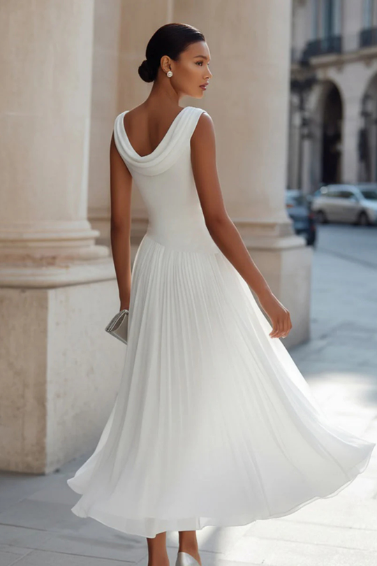 Women Draped Pleated Wedding-Guest Midi Dress – Modern Everyday Look – White – XL