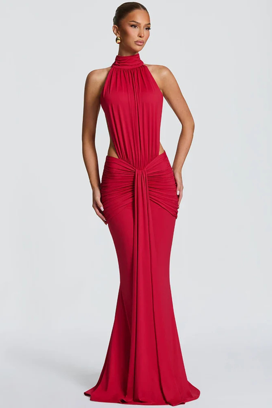 Women Halter Neck Backless Ruched Bodycon Weddign Guest Maxi Dress – Modern Everyday Look – Coffee – S