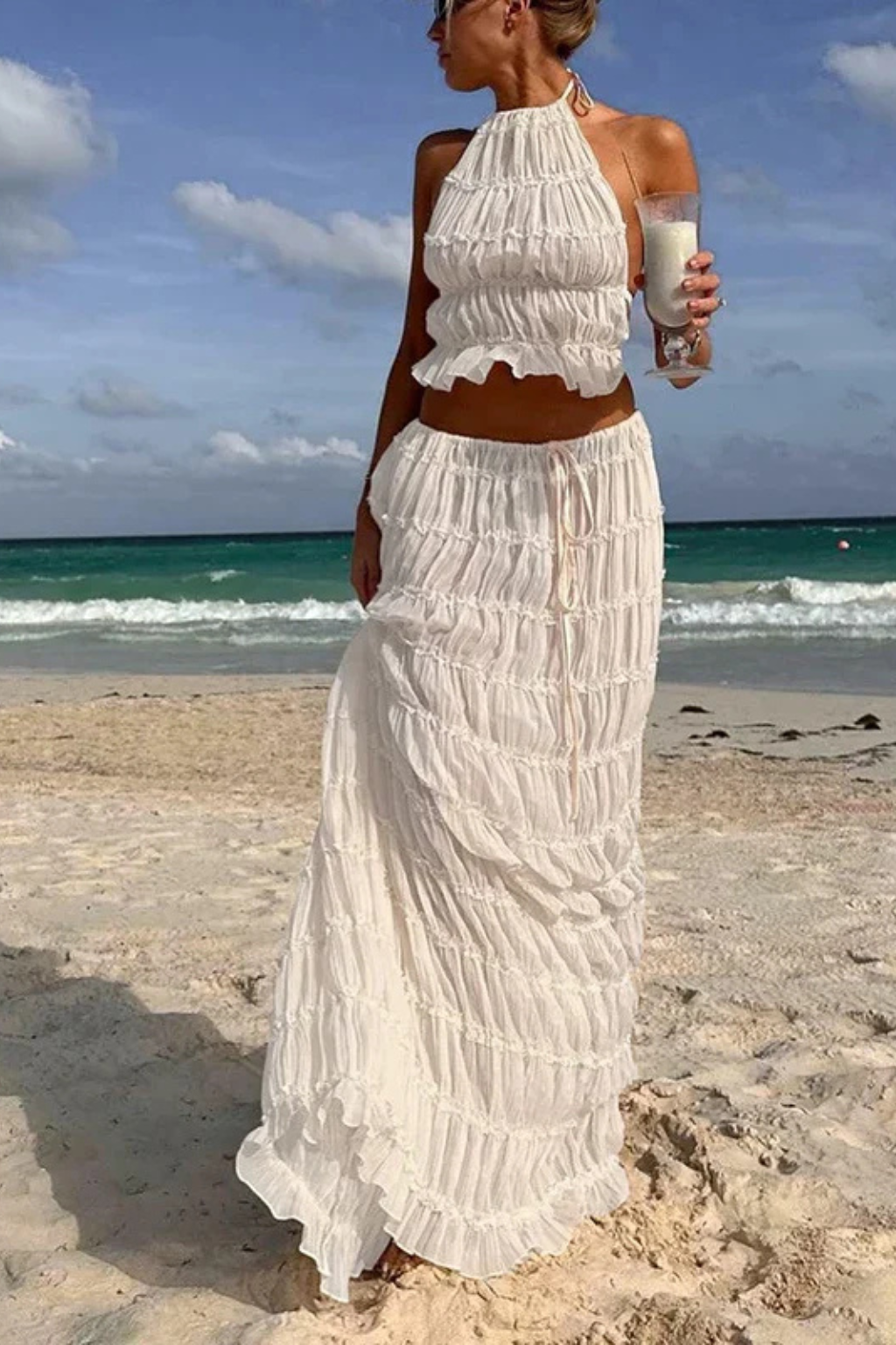 Women Ruched Halter Top and Maxi Skirt 2 Piece Set – Modern Everyday Look – White – XL