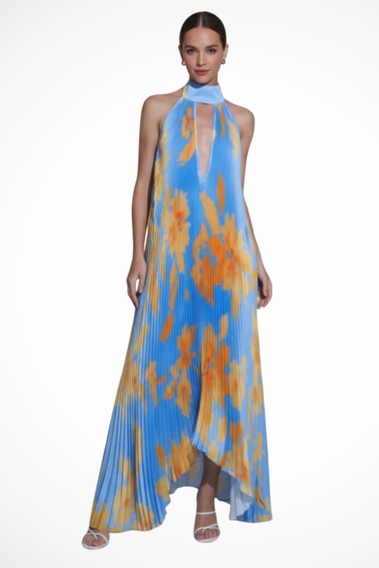 Women Printed Pleated Halter Neck Wedding-Guest Maxi Dress – Modern Everyday Look – Green – M