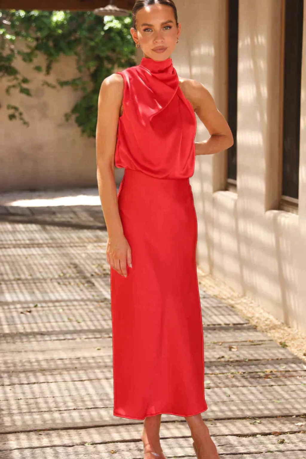 Women Halter Neck Midi Dress Satin Wedding-Guest Dress – Modern Everyday Look – Sage Green – XL